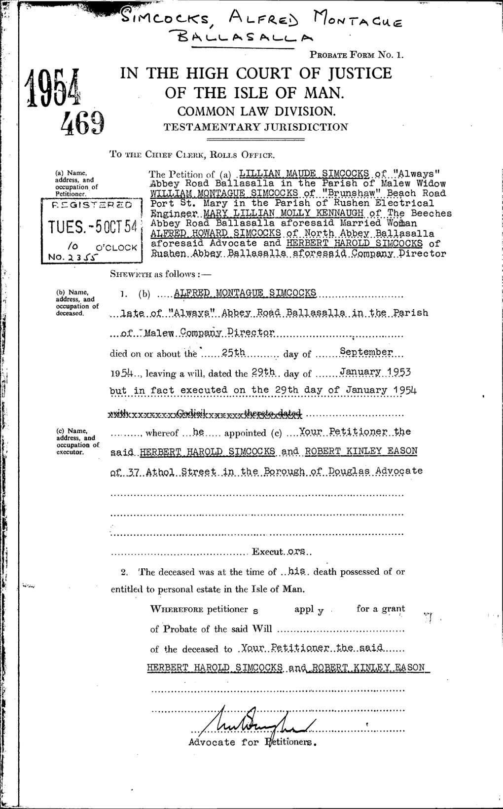 Probate of Alfred Montague Simcocks, 1954/469